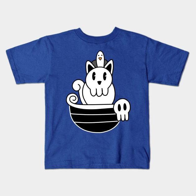 Pirate Skull Cat Rides Ship Kids T-Shirt by pako-valor